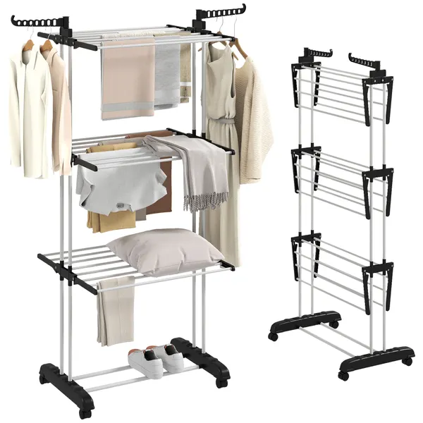 Estendal Dobrável para Roupa com Rodas Estendal Vertical de Aço com 3 Níveis Laterais Dobráveis Carga Máxima 70kg 73x64x177cm Preto e Branco