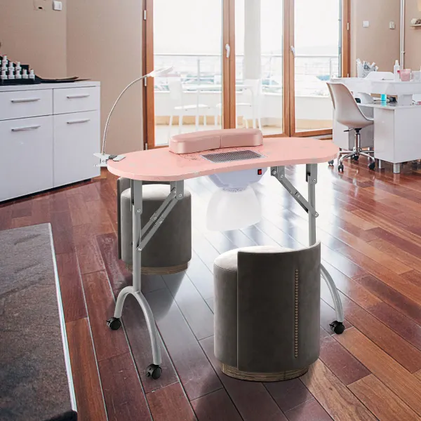 Mesa de Manicura Portátil com Ventilador de Aspiração, Lâmpada LED e Rodas Bloqueáveis Rosa