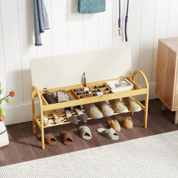 Banco de Bambú para Zapatos de 2 Niveles con Cojín Acolchado 100cm Beige