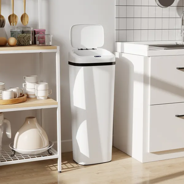 Balde de Lixo Automático 50L Papeleira Estreita de Cozinha em Aço Inoxidável com Sensor Infravermelhos e Modo Manual Anel de Fixação Anti-dedadas, para Escritório e Casa Branco