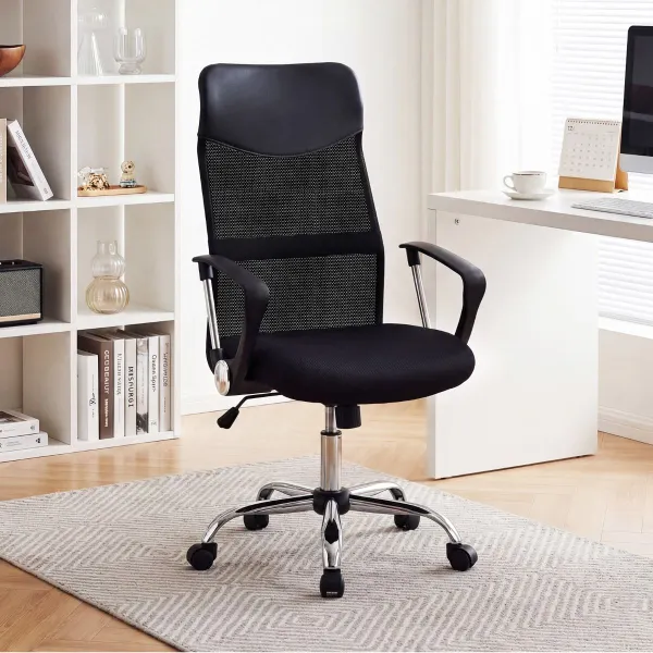 Cadeira de Escritório Ergonómica com Rodas Altura 112-122cm Braços Encosto Tela e Couro PVC Inclinação Carga 150kg