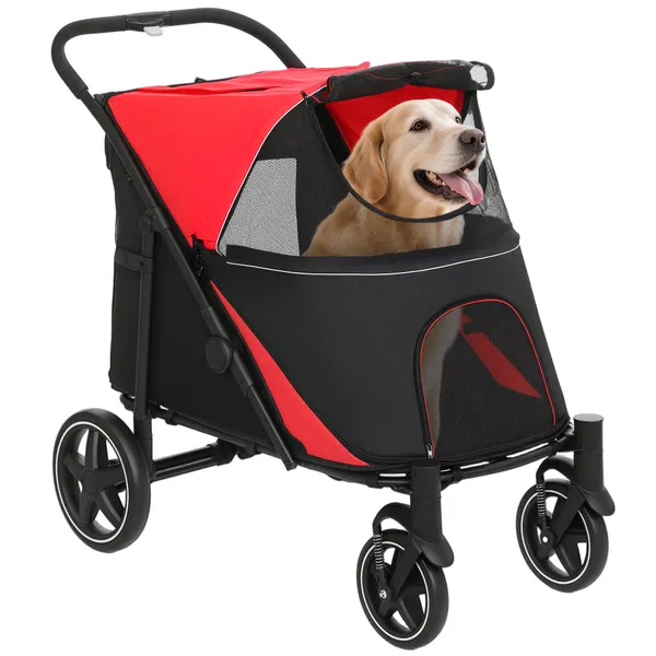 Carrinho para Cães Dobrável Carrinho para Animais de Estimação com Janelas de Malha Cinto de Segurança e Bolsos de Armazenamento Carga Máxima 40 kg 112x65x100 cm Vermelho