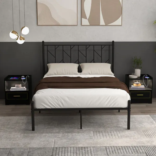 Mesinha de Cabeceira LED com Gaveta, Prateleira e Carregamento USB 45x40x50cm