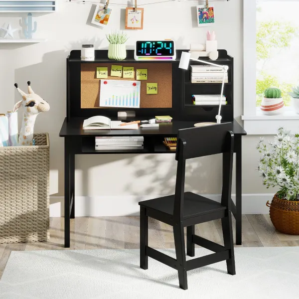 Set Scrivania e Sedia per Bambini in Legno con Pannello in Sughero Nero