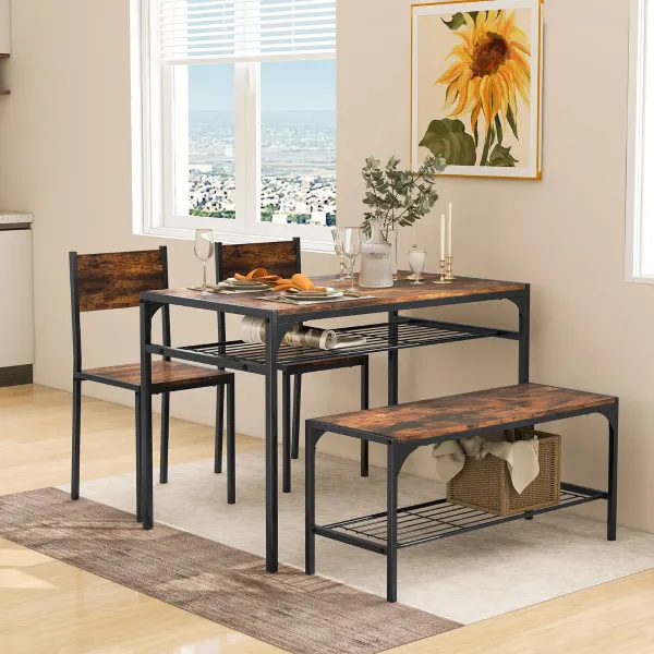 Conjunto de Mesa de Reunião Industrial com 2 Cadeiras e Banco - 4 Peças com Estrutura de Metal