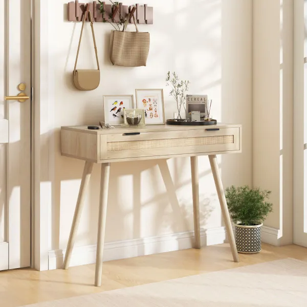 Mesa de Ratão com Gaveta Estilo Boémio Natural para Entrada e Quarto