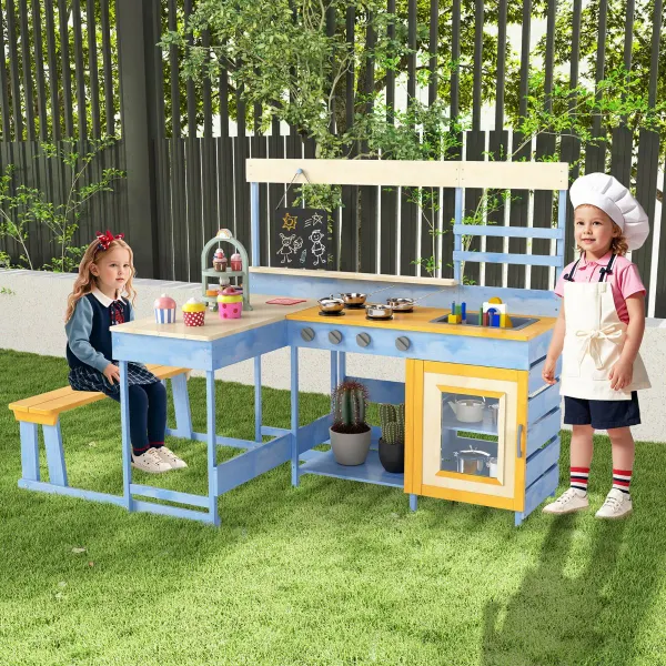 Cuisine de Jeu 2 en 1 Table Pique-nique Bois Sapin Bleu Accessoires Complets