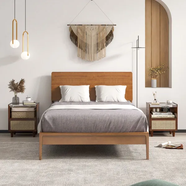 Mesa de Cabeceira Bambu e Ratã com Gaveta e Pernas Madeira Maciça 43x35x50cm