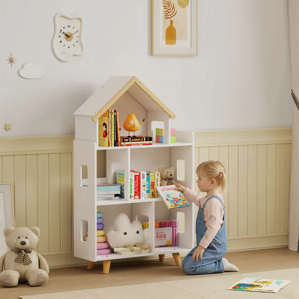 Estante para Crianças Organizador Infantil de 3 Níveis para Brinquedos Carga Máxima 50 kg para Sala de Jogos Dormitório Escola Infantil 65x25x108,5 cm Branco
