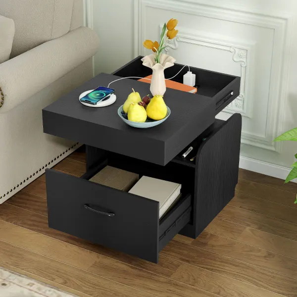 Comodino con 2 Prese, Porta USB e Tipo-C, Cassetto e Ripiani 50x40x55cm Nero