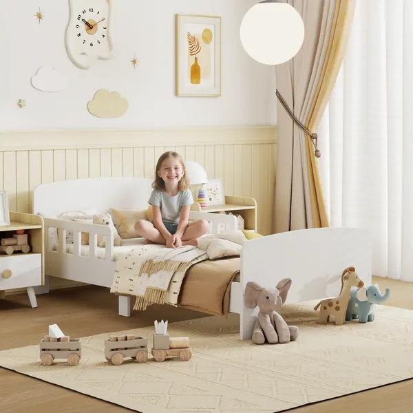 Cama para Crianças 70x140 cm Cama Infantil com Barreira Anticaídas e Estrado para Meninos e Meninas de 3-8 Anos Branco