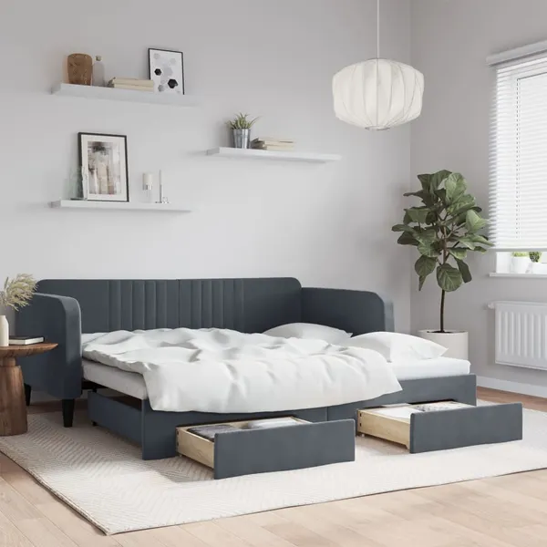 Sofá-cama c/ gavetão e gavetas 90x190 cm veludo cinzento-escuro