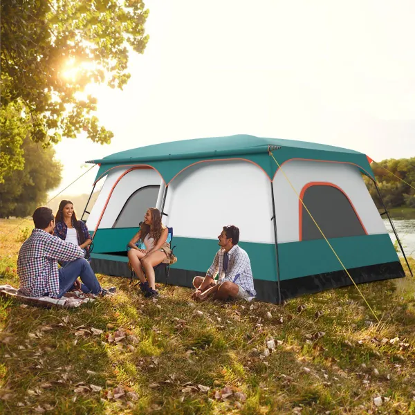 Tenda da Campeggio per 6-10 Persone con Veranda Porte Finestre a Rete Copertura Pioggia Removibile
