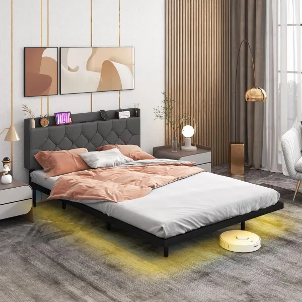 Cama Flutuante Full/Queen com Luzes LED, Cabeceira Acolchoada Ajustável e Estação de Carregamento