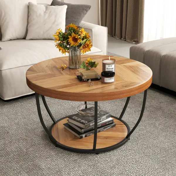 Mesa de Café Redonda de 2 Niveles con Almacenaje 80 cm Estructura Metal