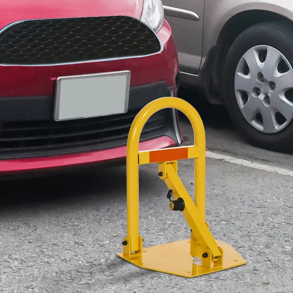 Barreira de Estacionamento Dobrável Bloqueio de Estacionamento com Fechadura 3 Chaves Fita Reflectora Metal 36,5x31x50,5cm Amarelo
