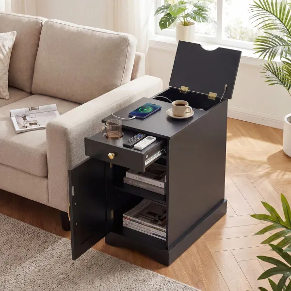 Mesita de Noche con Estación de Carga Mueble de Madera con Cajón Armario y Estante Ajustable para Dormitorio Salón y Sofá Negro
