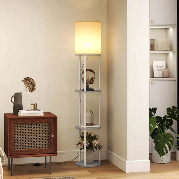 Candeeiro de Pé com Prateleiras Candeeiro com 3 Temperaturas de Cor Controlo Remoto Casquilho E27 para Sala de Estar Quarto Escritório Ø29x158 cm Cinzento