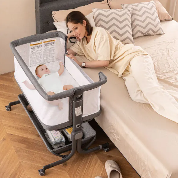 Cuna Portátil Dobrável para Recém-Nascido com Altura Ajustável 6 Níveis Colchão Rodas