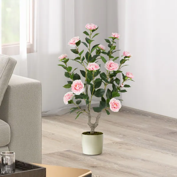 Arbre Artificiel de Camelia 90 cm Plante Fleurie en Pot Décoration Intérieure