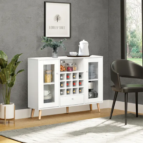 Aparador de Cozinha Armário de Armazenamento com 12 suportes para Garrafas e 3 Estantes Portas de vidro 100x30x80cm Branco