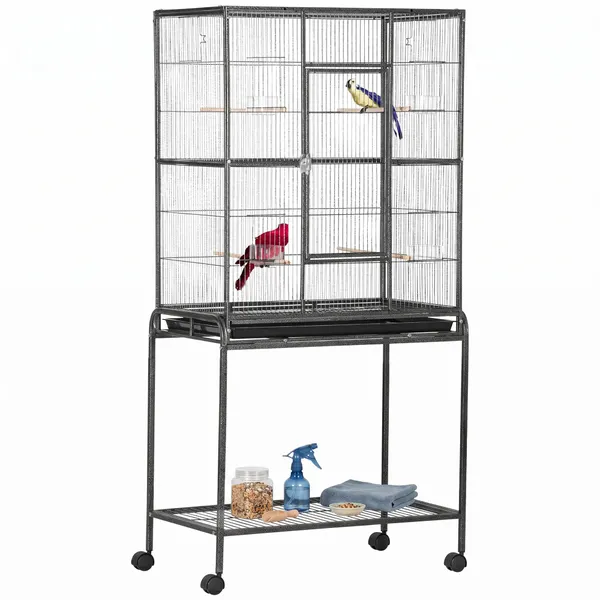Gaiola para Pássaros com Rodas 81x48x162,5 cm Gaiola de Metal com Bandeja 4 Poleiros 4 Comedouros e Prateleira de Armazenamento para Canários Periquitos Preto e Cinza