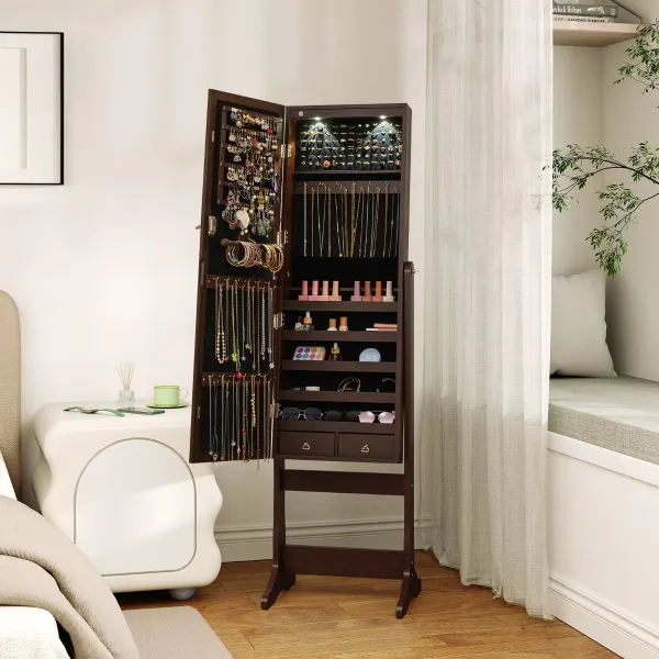 Armoire à Bijoux avec Miroir Pleine Longueur et Éclairage LED - 4 Angles Ajustables 41x37x146cm