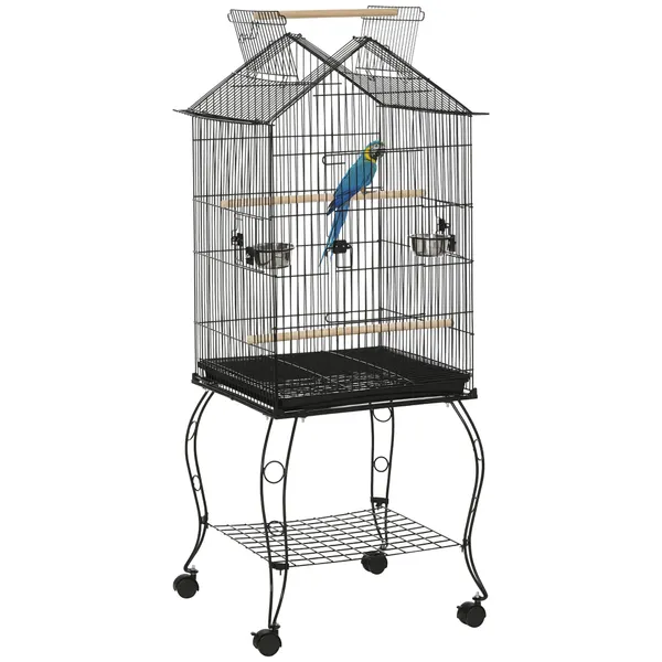 Gaiola para Pássaros com Suporte Rodas Bandeja Amovível 2 Comedouros e Prateleira Inferior de Metal para Canários Periquitos Tentilhões 50x58x145 cm Preto