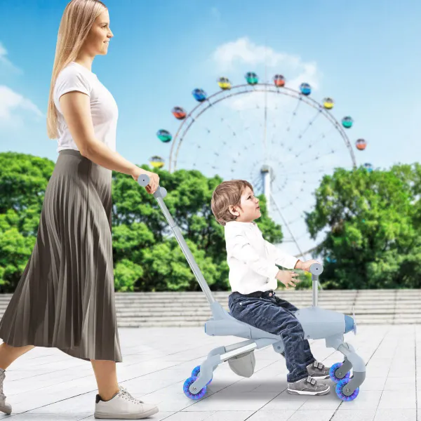 Carrinho de Passeio 2 em 1 Temática Avião com Rodas LED Luz Pega Ajustável Reposapiés Dobrável 18-70 Meses