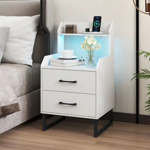 Mesita de Cabeceira com Carregamento USB LED 16 Cores 2 Gavetas Branca