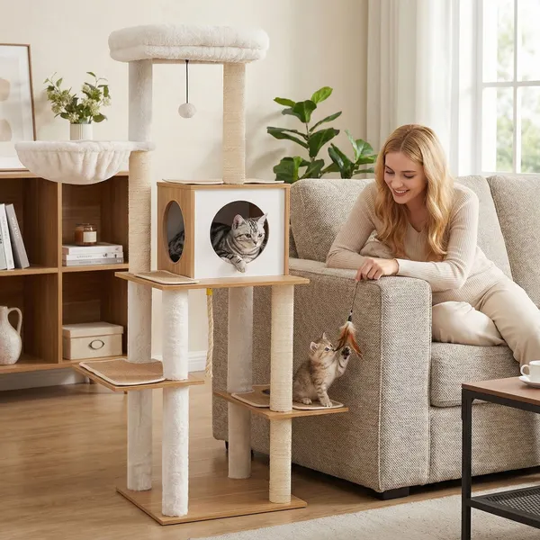 Tour pour Chats Moderne 148 cm avec Poteaux de Sisal Plateformes Panier et Jouets Lavable Naturel et Blanc