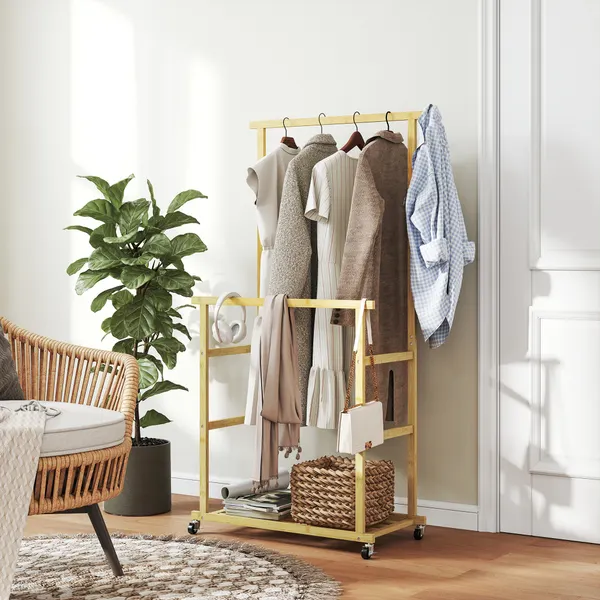 Charriot con Rodas de Bambu Charriot de Ropa con Sapateira 2 Barras para Pendurar para Entrada Corredor Habitación 80x40x160 cm Madeira
