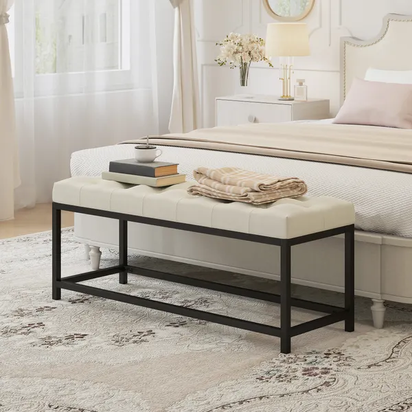 Banco aos Pés da Cama Estofado em Veludo Banqueta para Quarto Design Capitonê Base de Metal Banco para Quarto Entrada Sala 117x40x48 cm Creme