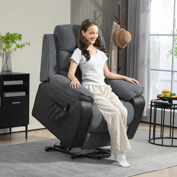 Poltrona Relax Reclinable Eléctrica Levanta Personas, con Puerta USB, Control Remoto, Apoyo a los Pés, Estofada en Veludo, Bolsos Laterais, Cinzento Escuro