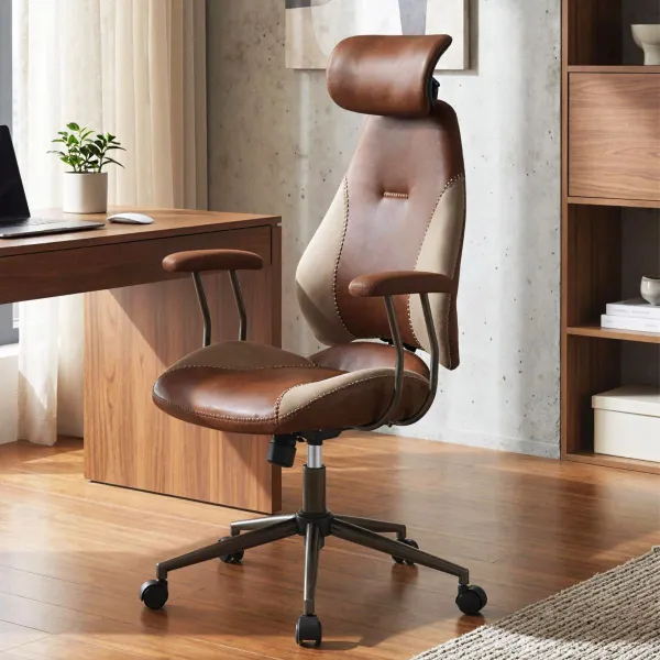 Cadeira Ergonómica de Escritório Tecido Ante com Apoio de Cabeça 2D Basculante Giratória Castanha