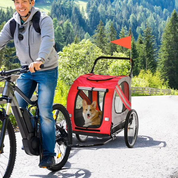 Reboque de Bicicleta para Cães 2 em 1 Transporte para Animais de Estimação com Porta Enrolável Janelas Cinto de Segurança Bandeira e 6 Refletores 140x72,5x108 cm Vermelho