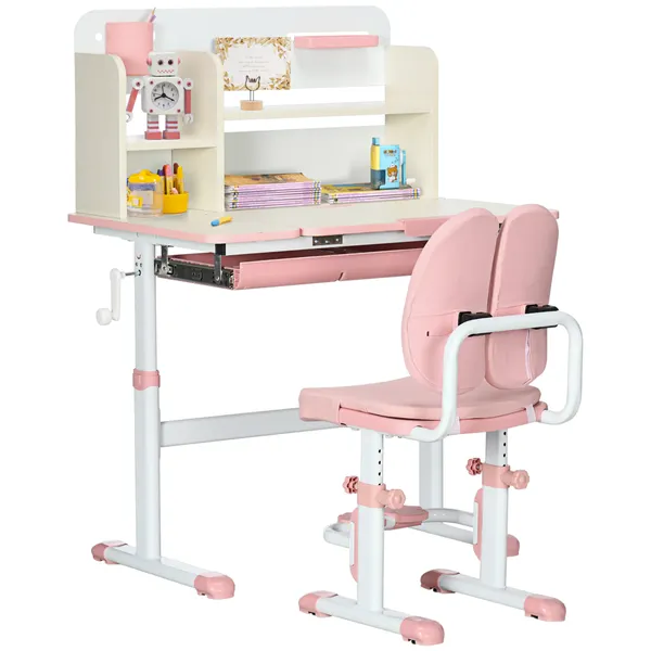 Conjunto de Secretária e Cadeira para Crianças acima de 3 Anos com Altura Ajustável Gaveta Prateleiras e Bancada Inclinável 80x52x88-109 cm Rosa e Branco