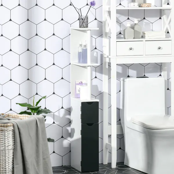 Armário Casa de Banho com 2 Portas e 2 Prateleiras Abertas Coluna Auxiliar para Casa de Banho Sala de Estar Dormitório Estilo Moderno 15,2x29,8x118cm Branco e Preto