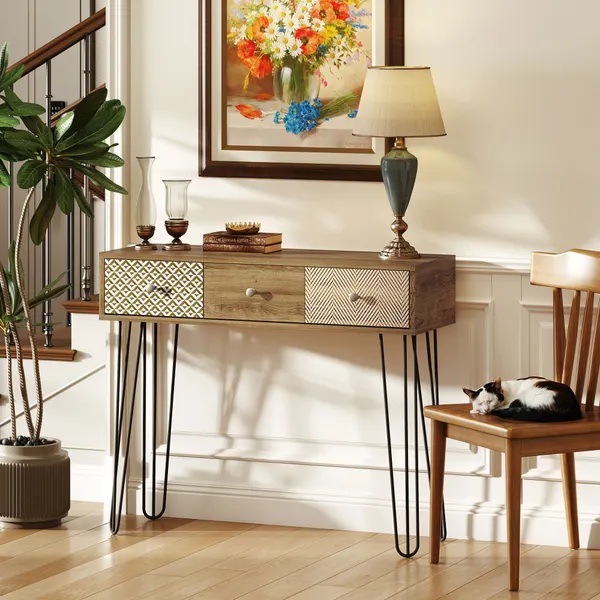 Mesa Consola com 3 Gavetas Consola Estreita para Entrada com Pés de Aço Tipo Garfo para Sala de Estar Corredor Entrada 90x30x75 cm Madeira