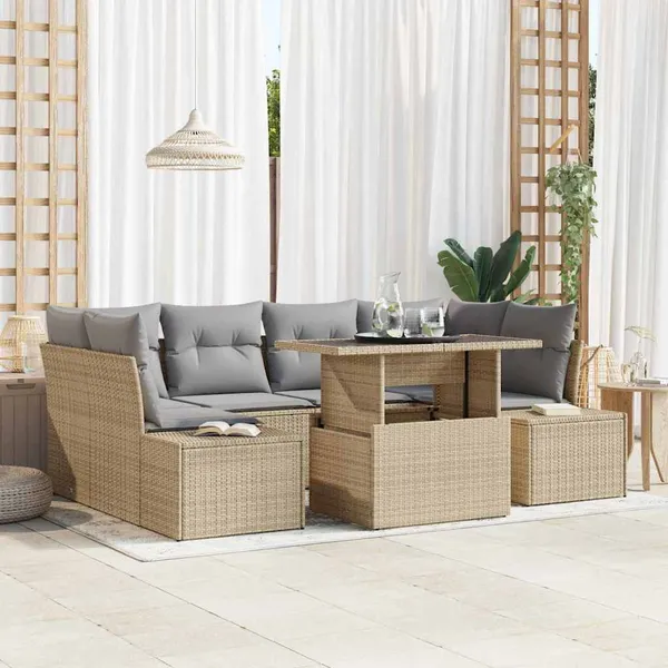 Conjunto de Sofás com almofada 7 pcs Bege e Cinza Claro vime PE