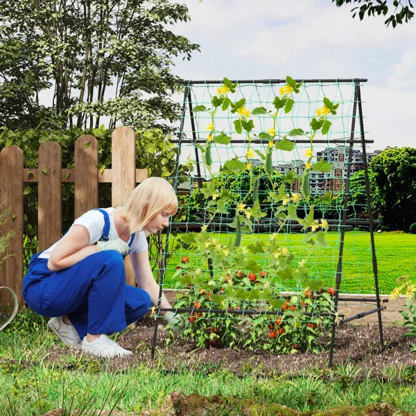 Soporte para Plantas de Jardín en Forma de A con Red y Postes Metálicos Revestidos - 130x105x151 cm