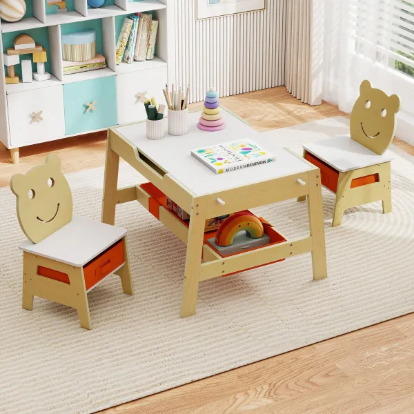 Mesa e 2 Cadeiras Infantis 5 em 1 Quadro Reversível Ardósia e Branco Natural