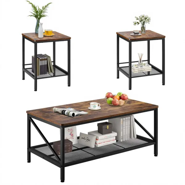 Conjunto Mesa Sala 3 Peças 105 cm Café Industrial