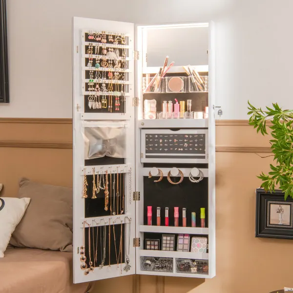 Armario Joyero con Espejo de Cuerpo Entero Organizador de Joyas con Cerradura Luces LED 3 Colores 120x37cm