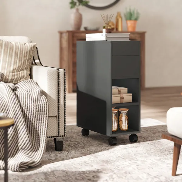 Mesa Auxiliar com Bancada Deslizante e Rodas Mesa Auxiliar com Armazenamento Oculto e Prateleira Ajustável para Sala de Estar Quarto 45x25x70 cm Preto