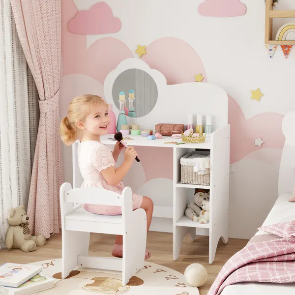 Toucador para Crianças com Banco e Espelho em Forma de Flor Toucador para Meninas com Compartimentos Abertos Mesa de Maquilhagem para Crianças de 3-8 Anos 70x39x92,5 cm Branco