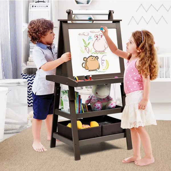 Cavalete Infantil Duplo 3 em 1 com 2 Prateleiras e 2 Caixas 59 x 50 x 117 cm