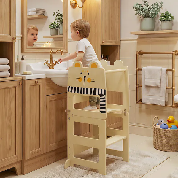 Torre de Aprendizagem 3 em 1 Dobrável Conversível em Secretária e Cadeira Banqueta de Aprendizagem para Crianças de 2-5 Anos com Quadro Estampado de Gatos para Casa de Banho Cozinha Madeira