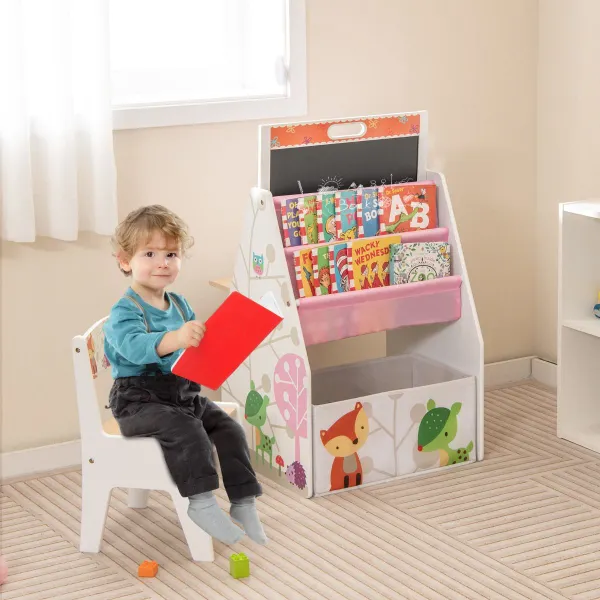 Conjunto Mesa e Cadeira Infantil com 2 Contentores de Tecido, Quadros Magnéticos e Branco