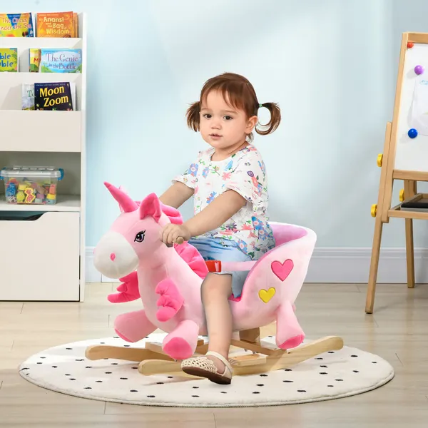 Cavalo Baloiço para Bebés 18-36 Meses Cavalo Baloiço em Forma de Unicornio com Música Cinto de Segurança Guiador e Apoio para os Pés Carga Máxima 30 kg 65x35x45 cm Rosa